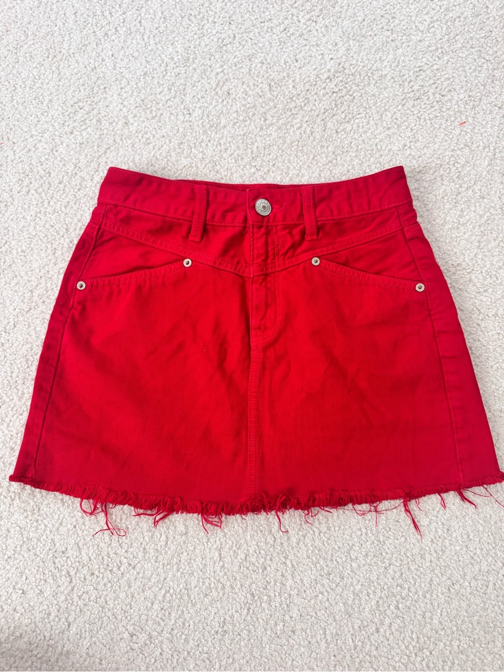 American Eagle Outfitters Red Denim Mini Skirt with Frayed Hem
